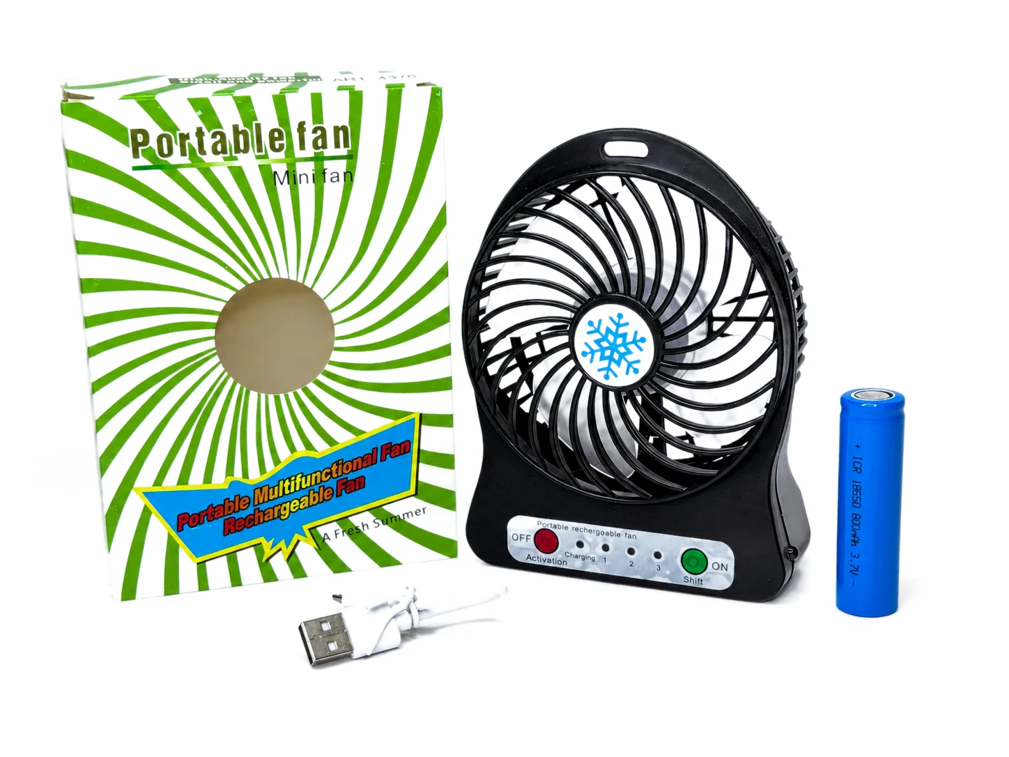 Комплектація Mini Fan XSFS-01 з коробкою, кабелем та акумулятором