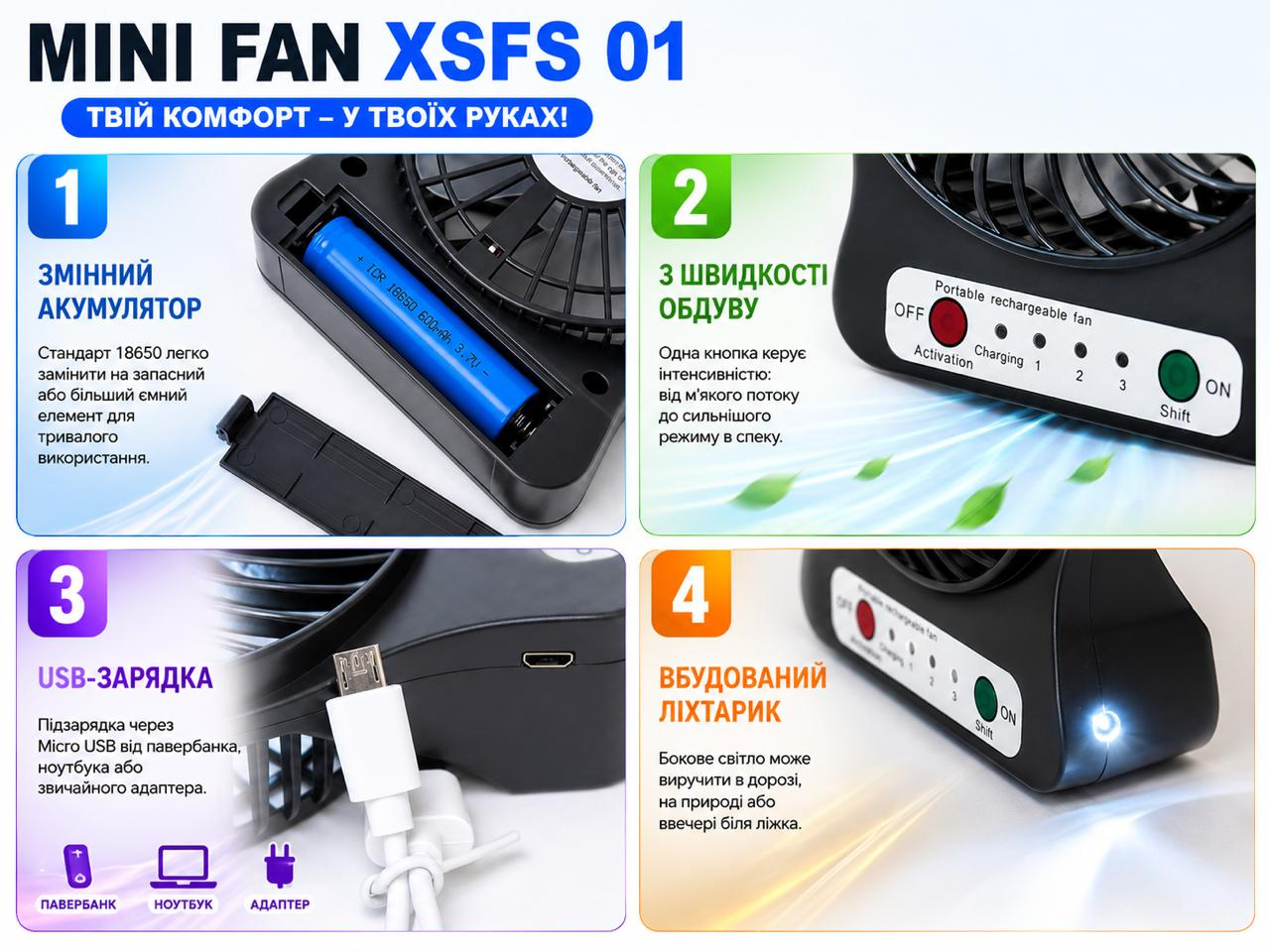 Переваги Mini Fan XSFS-01: змінний акумулятор, 3 швидкості, USB-зарядка та вбудований ліхтарик